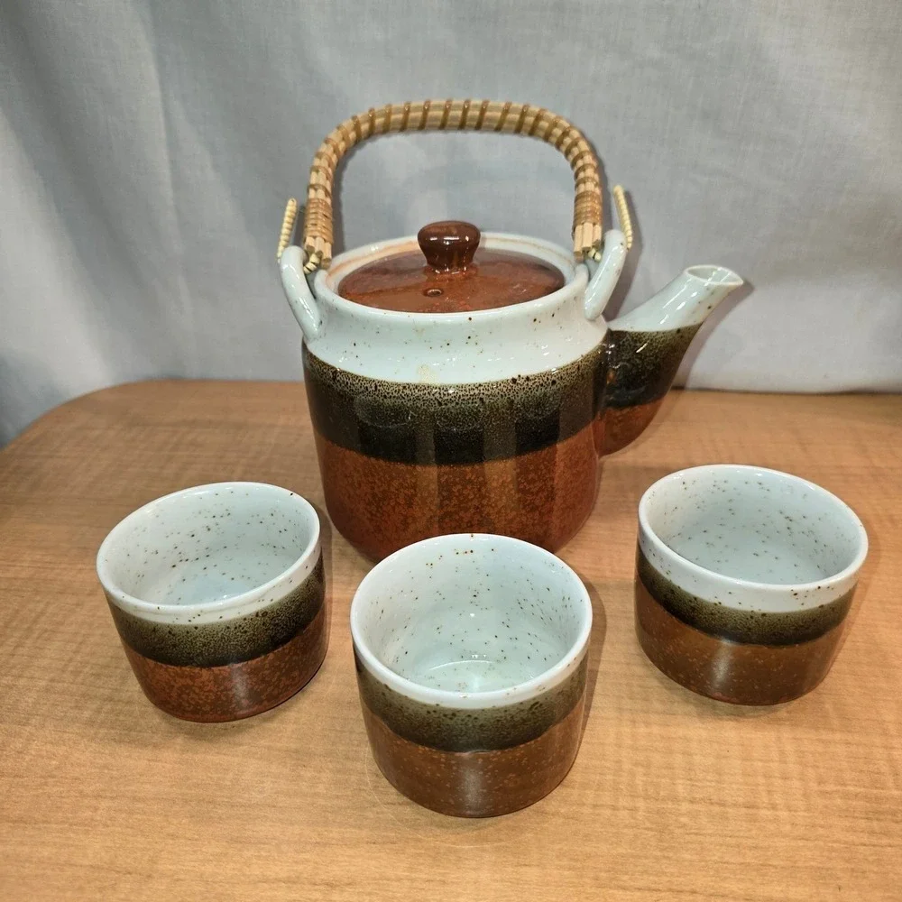 Sake Set Teapot, 3 mugs. Ceramic‎ with wicker handle Earthenware Browns Glaze